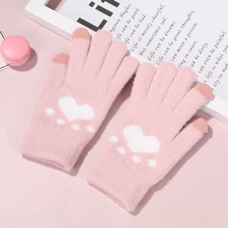 Touchscreen Cat Paw Warm Gloves Women Autumn Winter Fleece Lined Knit Mittens