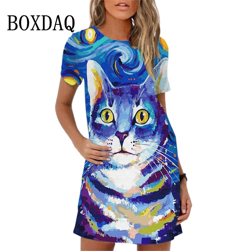 2026 Summer Women's Dress Funny Cat Print O-Neck Short Sleeve Loose Mini Dresses Casual Female Sweet A-Line Sundress Vestidos