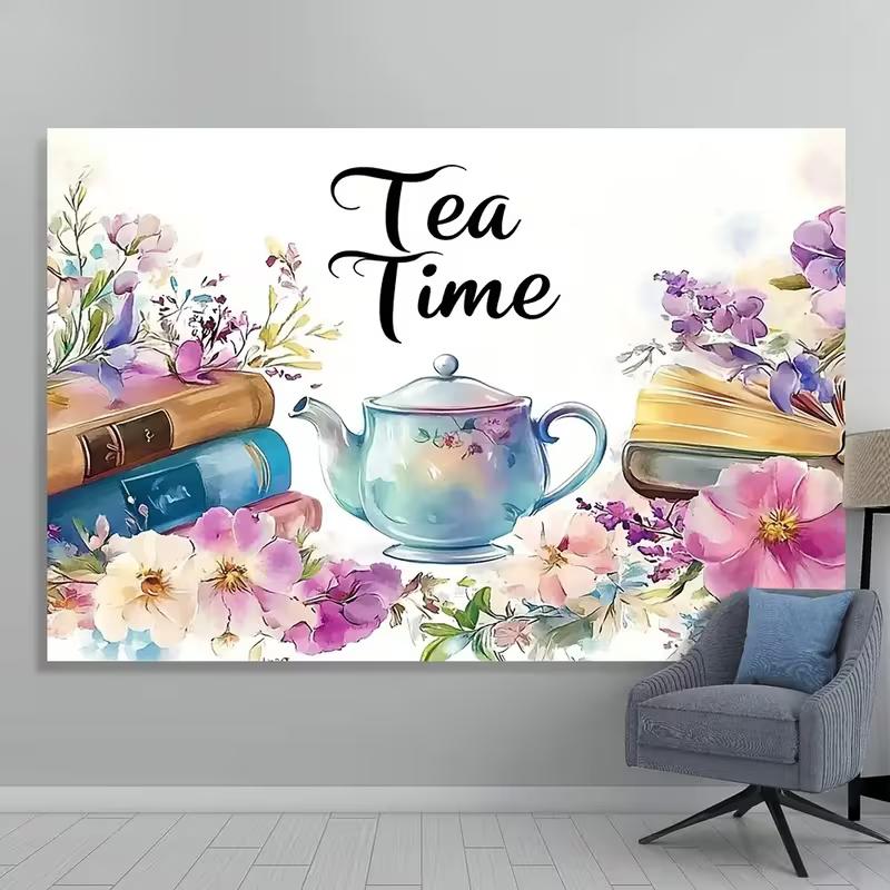 

2D Vintage Tea Party Tapestry Floral Teapot and Stacked Books Background Cloth 47.2x31.5inch/120*80cm