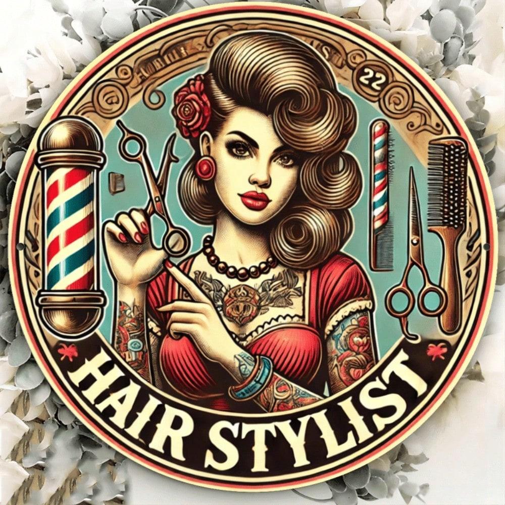 Retro Hairdresser Metal Tin Sign 8x8 Inch 2D Flat Wall Art For Barbershop Salon Cafe Farmhouse Durable Decor