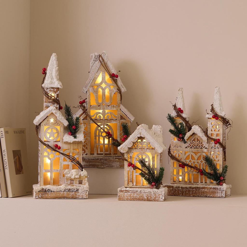 Wooden Luminous Christmas House Ornament with Lights