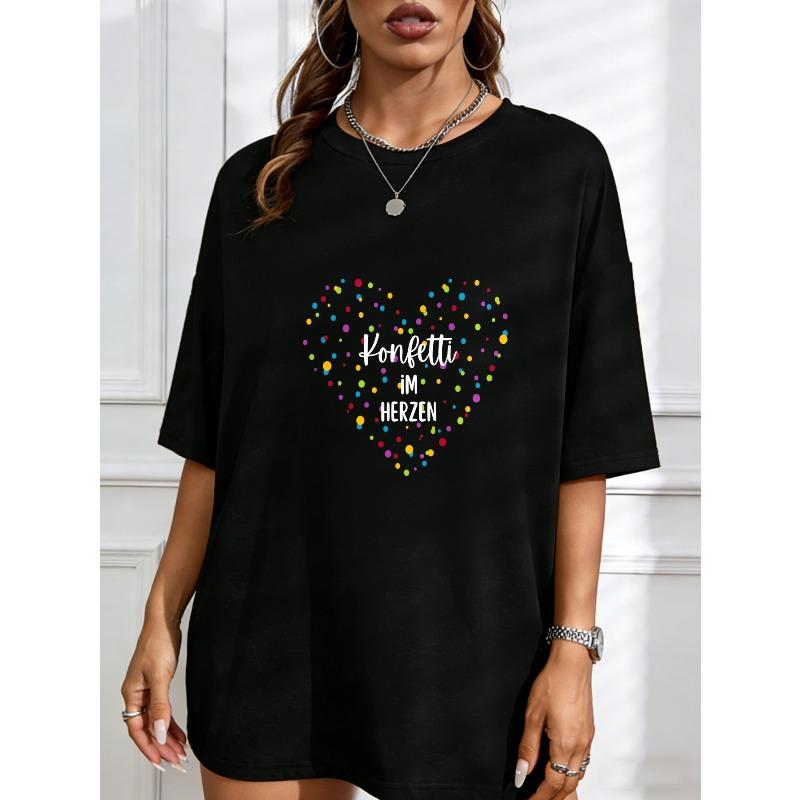

Cotton T Shirt White Heart Dots Print With Text For Casual Wear XXXXL чорний