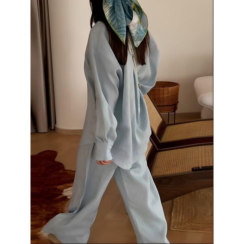 Light-Sensitive Oxygen Wear French Lazy Style Loose and Simple Pure Color Cotton and Linen Shirt + Straight-leg Loose Pants Two-piece Set