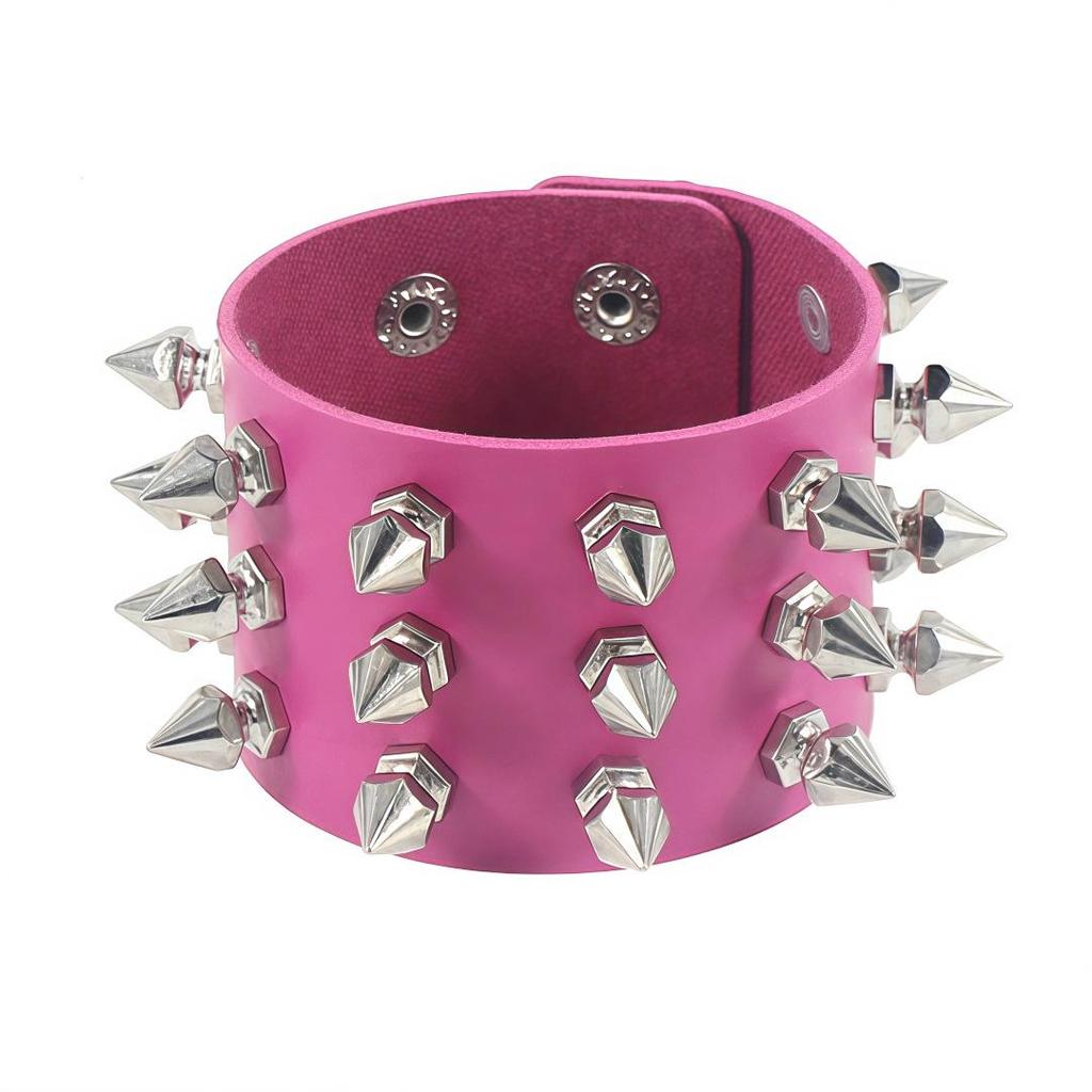 Eco-friendly PU Leather Harajuku Punk Cone Spike Bracelet with Three-Row Chains