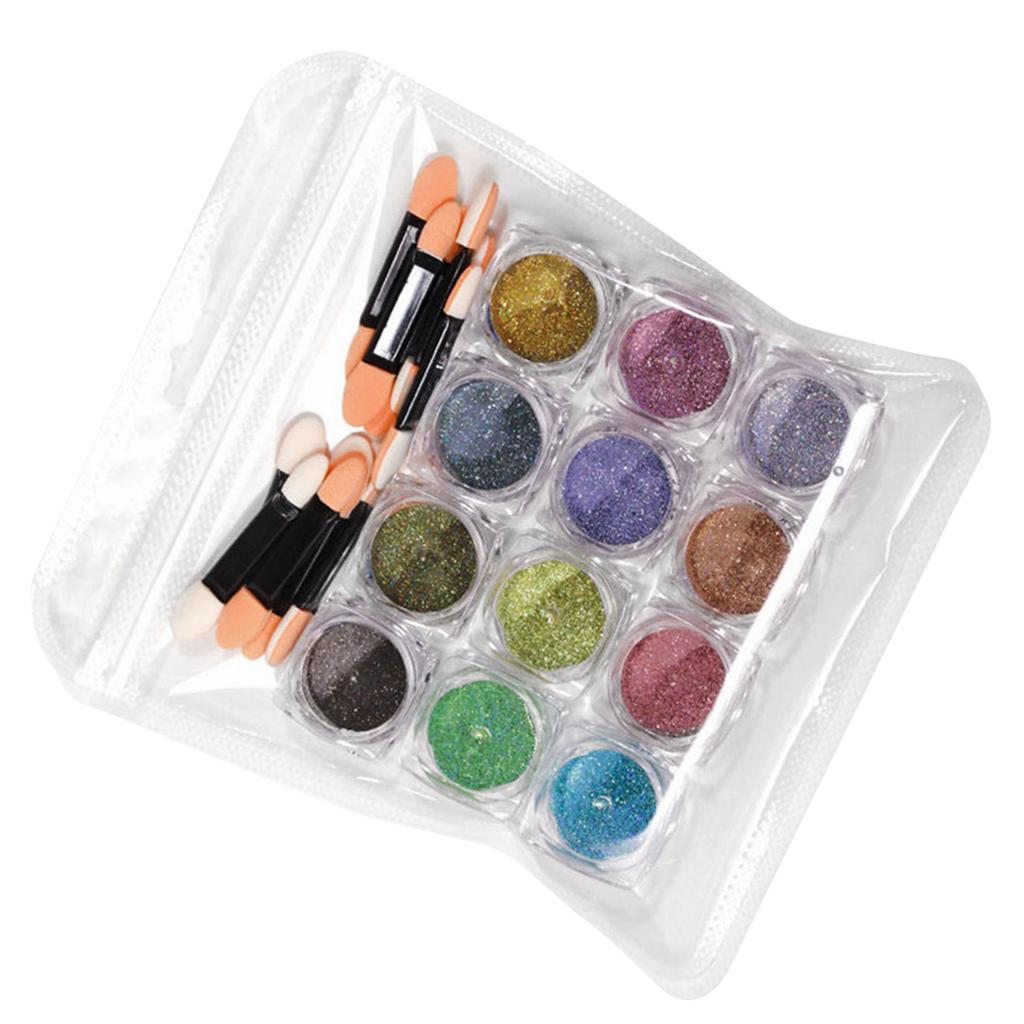12 Colors Metallic Mirror Nail Powder Iridescent Laser High Glossy with 10 Paint Brush Manicure