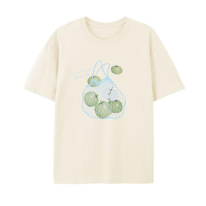 

Женская футболка с коротким рукавом с принтом зеленого яблока Новая женская модная футболка с круглым вырезом Летний повседневный свободный и удобный женский пуловер S