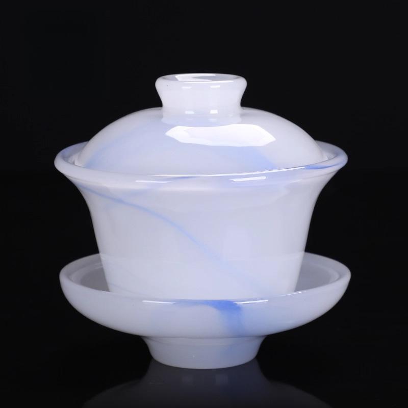 Light Luxury Glazed Three Talents Cover Bowl White Jade Household Kung Fu Tea Set Office Meeting Guest Gift Jade Porcelain
