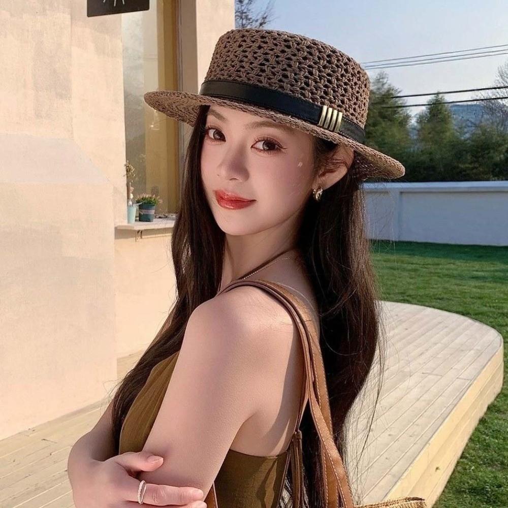 Sun Protection Straw Boater Hat Lightweight Flat Top Beach Hat Handwoven Sun Cap  Beach Vacation
