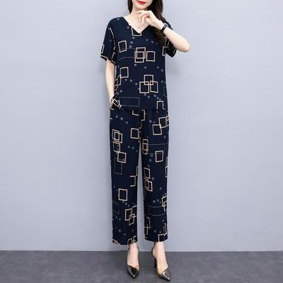 Sommeranzug für Frauen im mittleren Alter Neue elegante zweiteilige Sets Damen-Outfits Lose Vintage-Druck-Hosen-Set mit weitem Bein