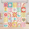 Cute Floral Shower Curtain,Abstract Checkered Rainbow Heart Smiley Retro Shower Curtain for Bathroom Waterproof Polyester Fabric