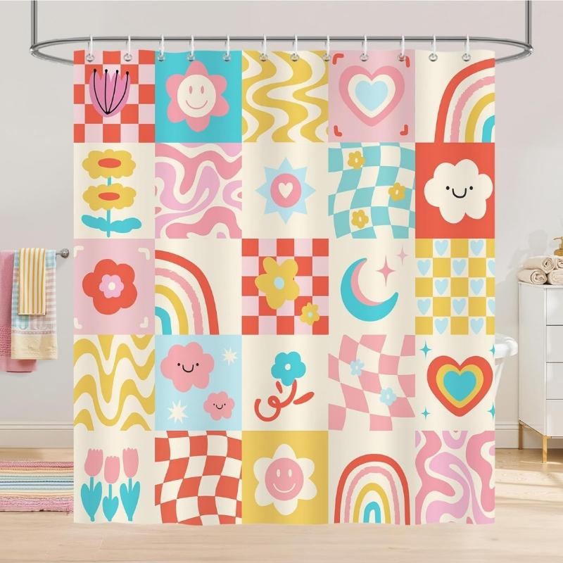 Cute Floral Shower Curtain,Abstract Checkered Rainbow Heart Smiley Retro Shower Curtain for Bathroom Waterproof Polyester Fabric