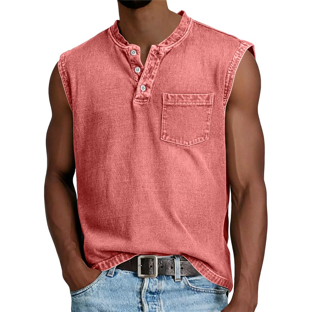 Canotta da uomo senza maniche in cotone con tasca, vestibilità casual rilassata, stile Henley, maglia sportiva per muscoli, per l'uso quotidiano
