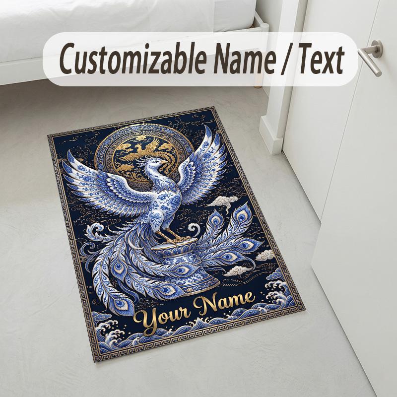 Dragon Phoenix Theme Crystal Velvet Rug Personalized Custom Name Text Soft Floor Mat Home Decor