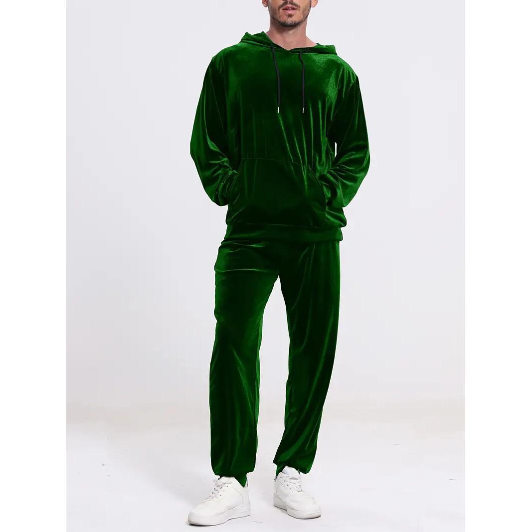 

Fashion Solid Color Velvet Two Piece Sets Mens Fall Winter Casual Long Sleeve Hoodie And Pants Outfit Men Clothing Vintage Suits XS зелений