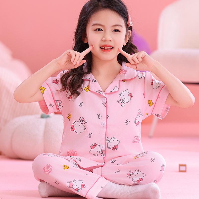 Kuromi Girls' Spring/Autumn Pajama Set with Short Sleeve Cardigan and Long Pants for Indoor/Outdoor Wear