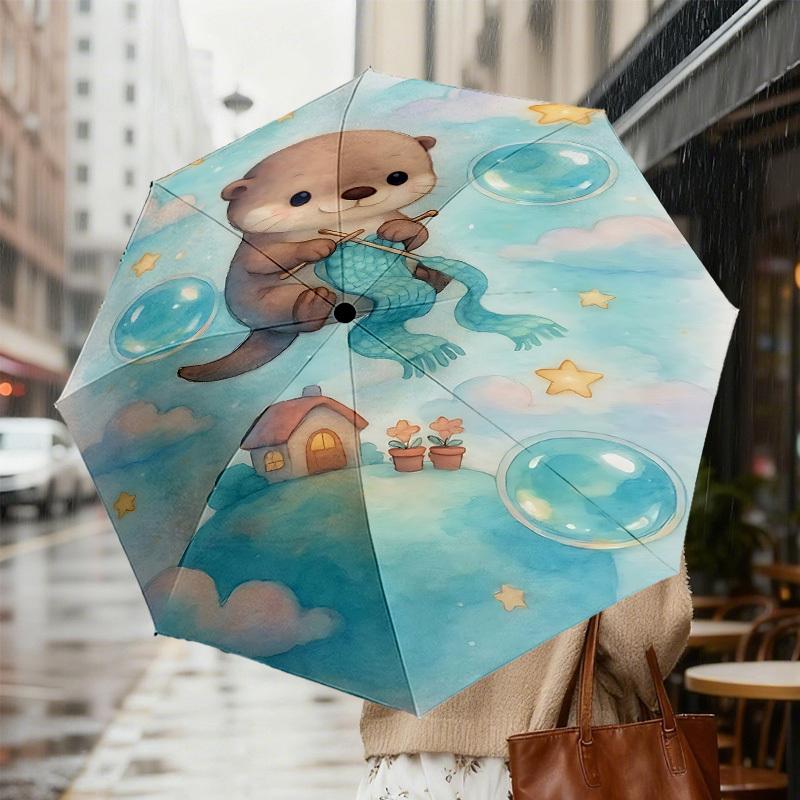 Adorable Otter Knitting Mermaid Tail Umbrella: Perfect for Outdoor Adventures, Auto-Opening & Closing, Lightweight and Durable, Ideal as a Gift 066