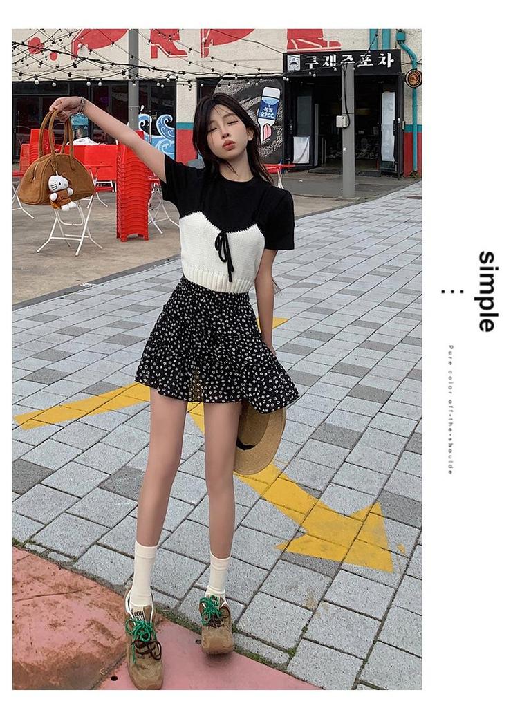 Women's French Floral A-line Cake Skirt - Summer Korean Style, High Waist, Slimming, Elastic Waist, Petite Half Skirt