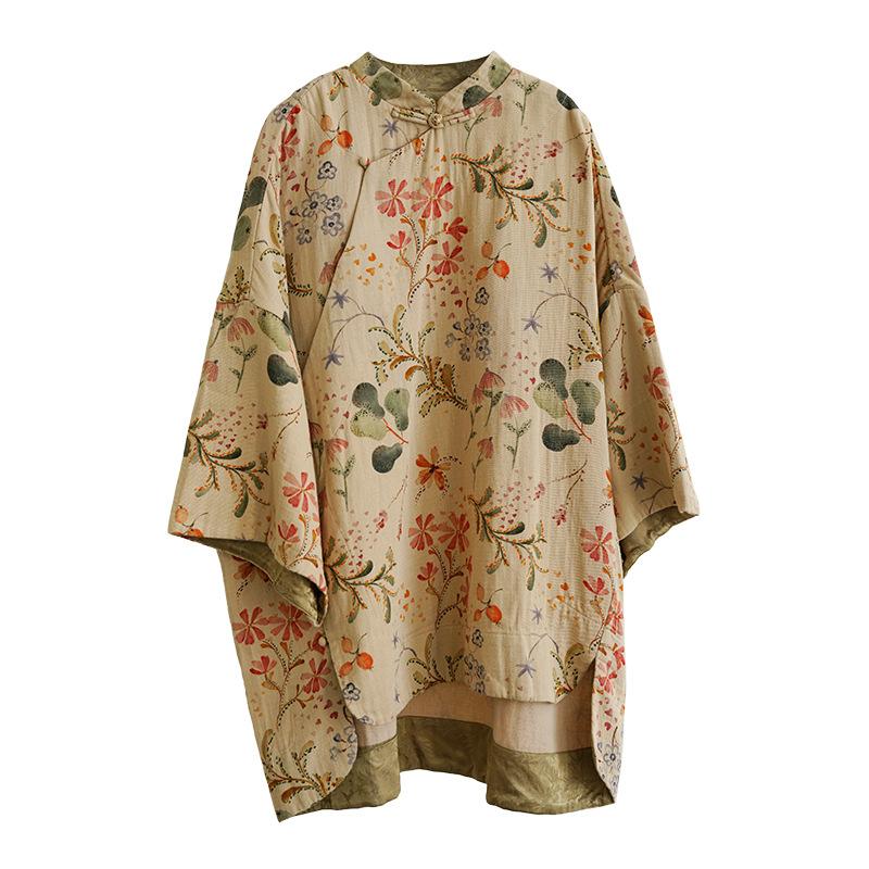 

Johnature Women Vintage Shirts Tops Print Floral Spring Chinese Style Blouses Stand Long Sleeve Soft Shirts One Size