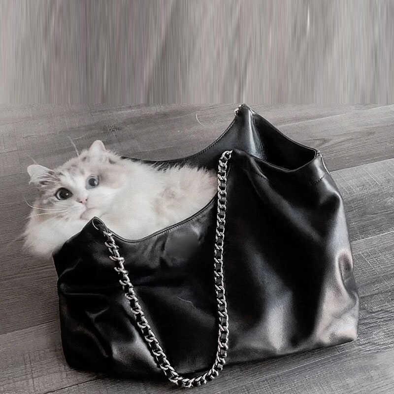 Große Kapazität Tote Bag, Schwarz, Modische Hobo Schultertasche mit Ketten-Detail, Nicht waschbar, Kein Verschluss, Kantenfarbe Nein