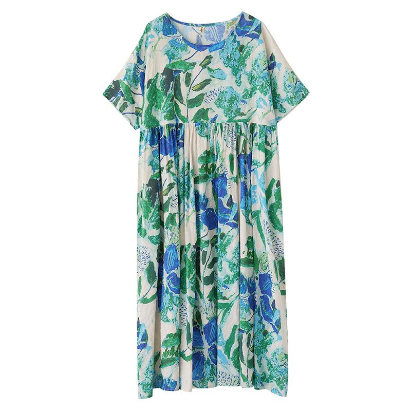 Plus Size Women Summer Long Dress Elegant Oversize Loose Bohemian Short Sleeve Dresses Flower Holiday Beach Dress