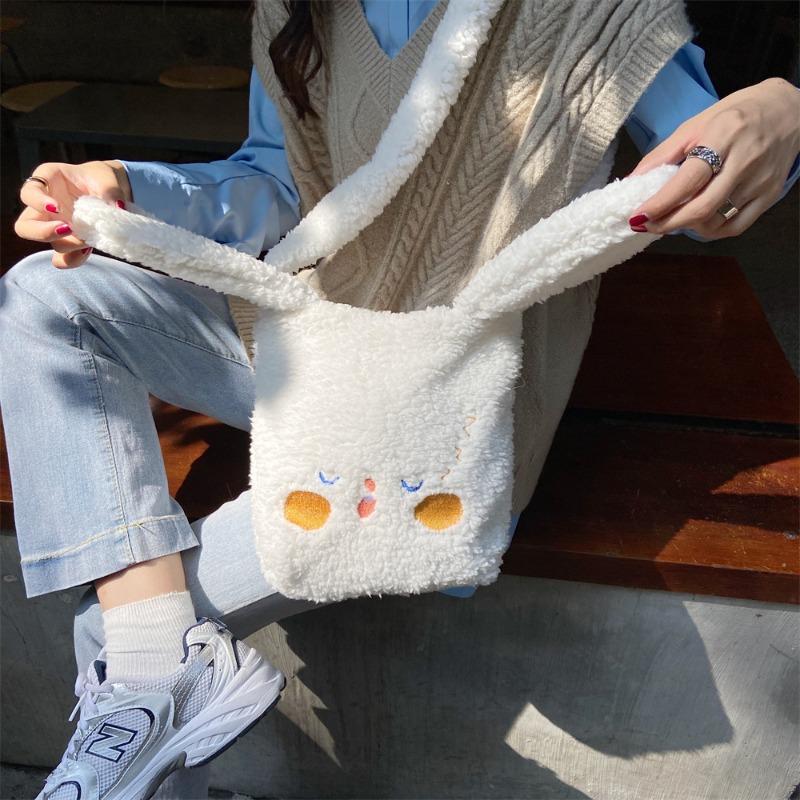 0 Plush Dog Ears Portable Tote Bag Embroidered Tote Bag Autumn and Winter Student Plush Bento Bag Cute Department