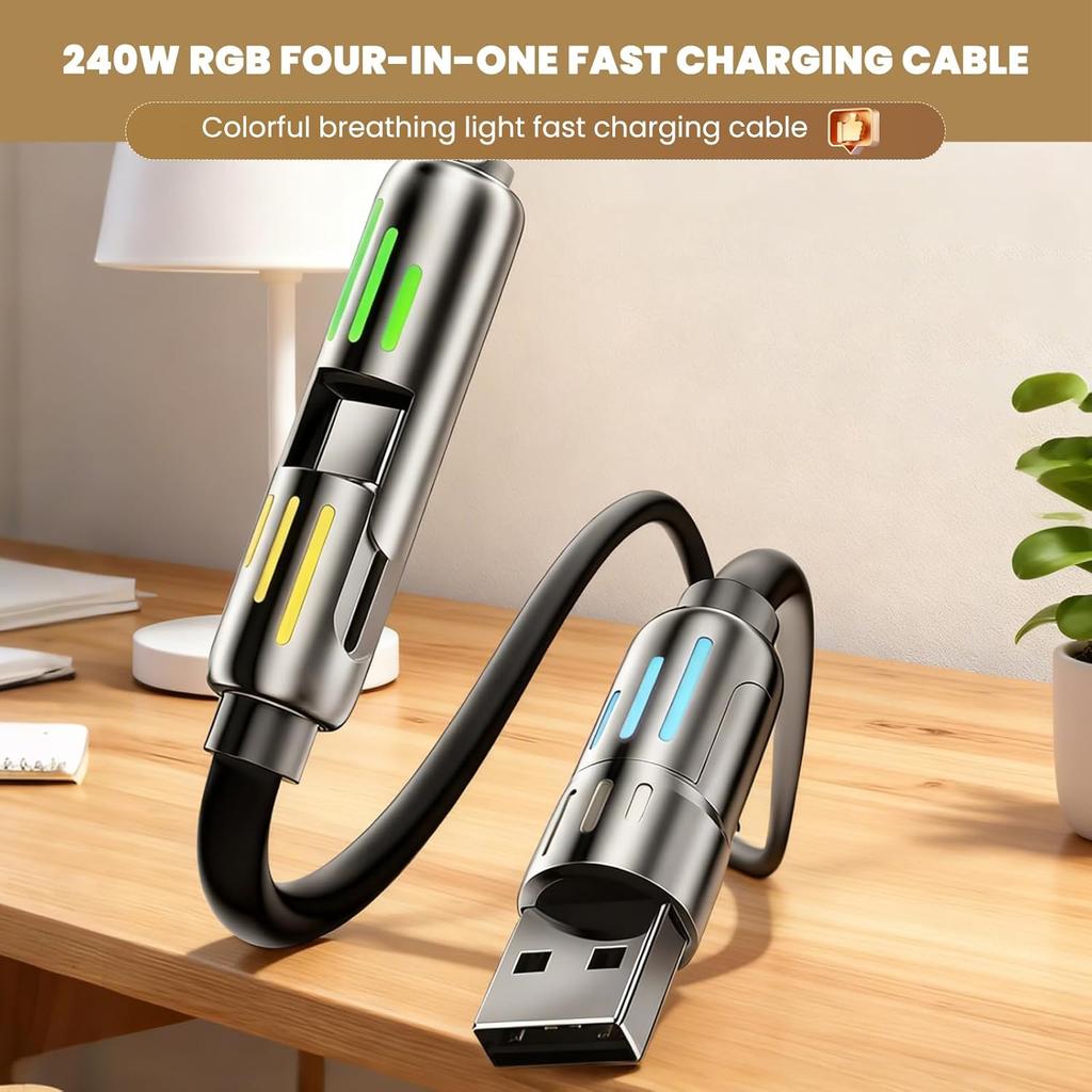 1.5M 4-in-1 Fast Charging Cable with LED Indicator 240W USB C  Universal Cable with Lightning/Micro-USB/Type-C Ports for All Phones Tablets Power