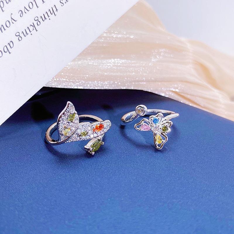 Dopamine Colored Treasure Zircon Butterfly Fishtail Open Ring Niche High-End Sense Light Luxury Personality Stacked Ring