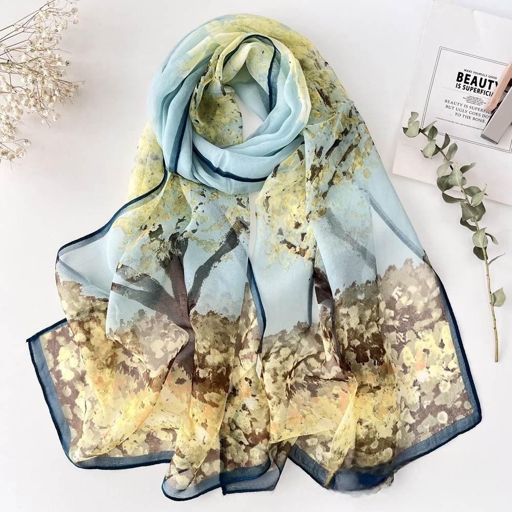 Women’S Summer Tree Printing Thin Soft Chiffon-Like Georgette Scarf 160Cm Long Neck Wraps Sunscreen Shawl For Beach & Office