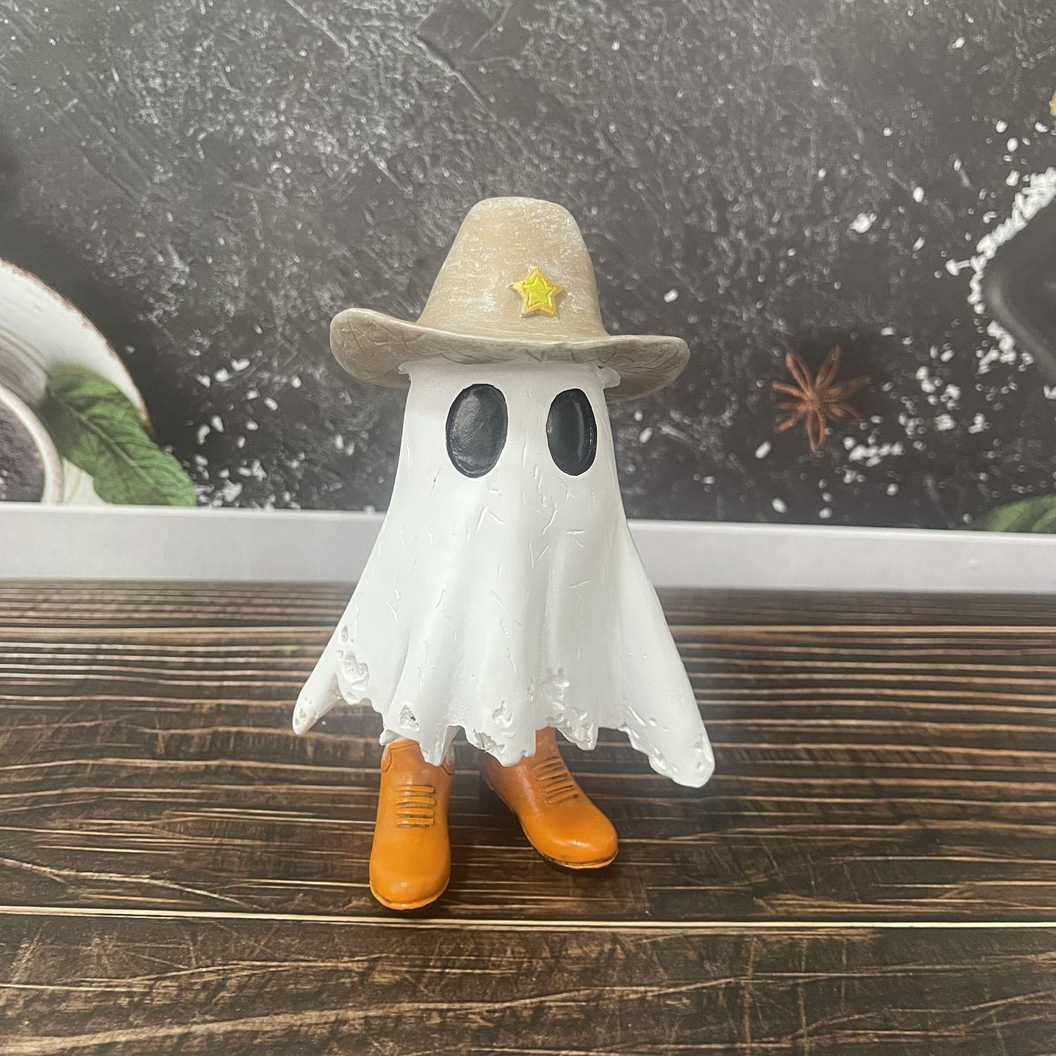

Halloween Cowboy Ghost Figurine Resin Statue Cute Ghost Ornament For Home Desktop Party Decoration Western Style Decor