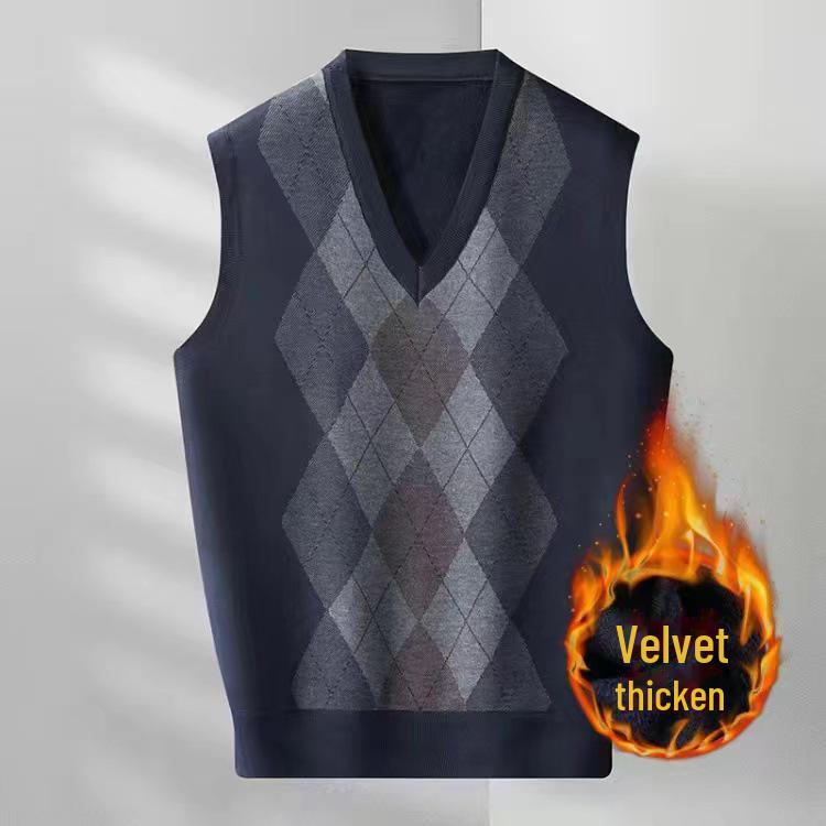 Herre høst/vinter pluss fløyels V-hals Diamond Jacquard genservest