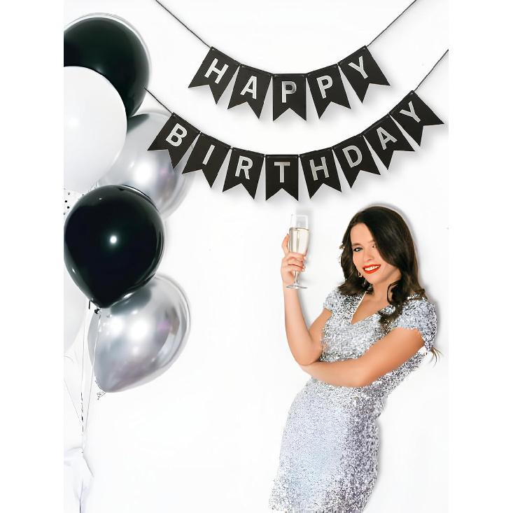 Black Silver Happy Birthday Banner Sign Decorations for Boys Girls Men Women 16th 18th 21st 30th 40th 50th 60th 70th 80th Streamers Party Garland