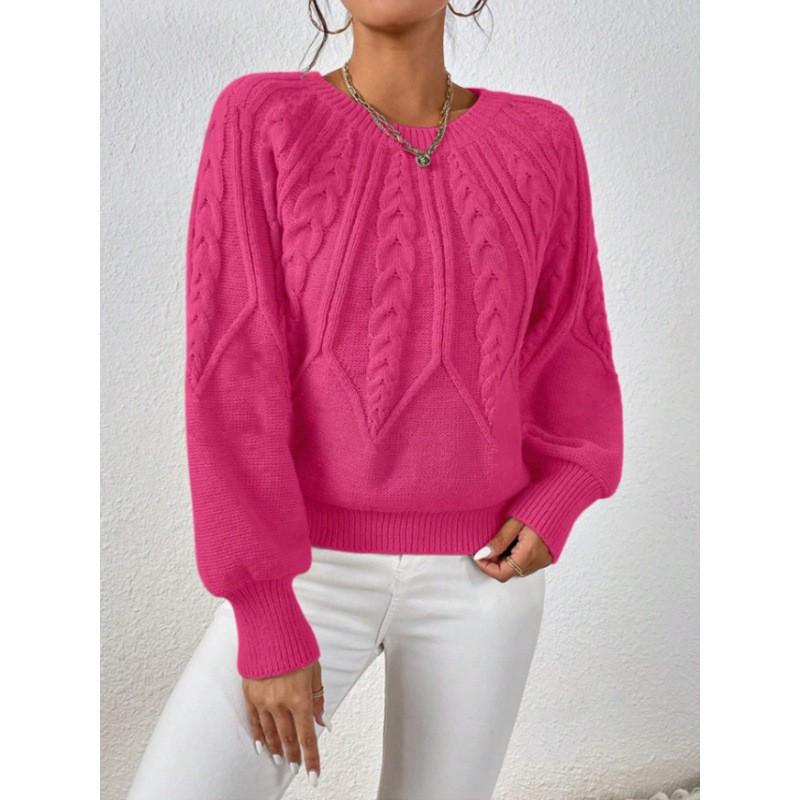 Womens Crew Neck Long Sleeve Knit Sweater Loose Fit Cable Solid Color Casual Winter Basic Top
