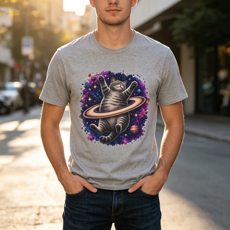Space Ring Cat Graphic T Shirt Galaxy Saturn Cat Print Unisexs Unisexs Cotton Crew Neck Casual Y2k Top Harajuku Oversized T Shirt
