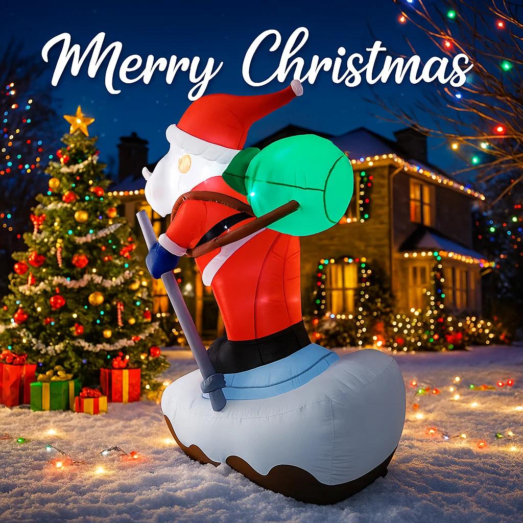 5.91FT Christmas Inflatable Toys with LED Lights Xmas Santa Snowboard Supplies Home Ornaments Festive Gift Yard Decoration