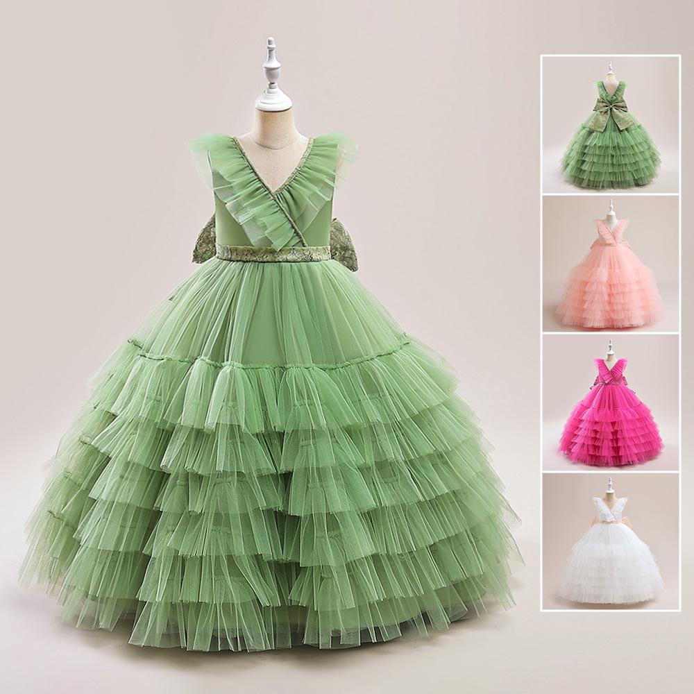 Children's Puffy Tulle V-Neck Princess Dress with Bow Skirt