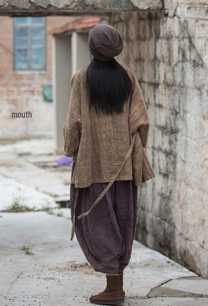 Women's Zen-Style Tie-Dye Pleated Cotton Linen Jacket with Lace-Up Oblique Lapel