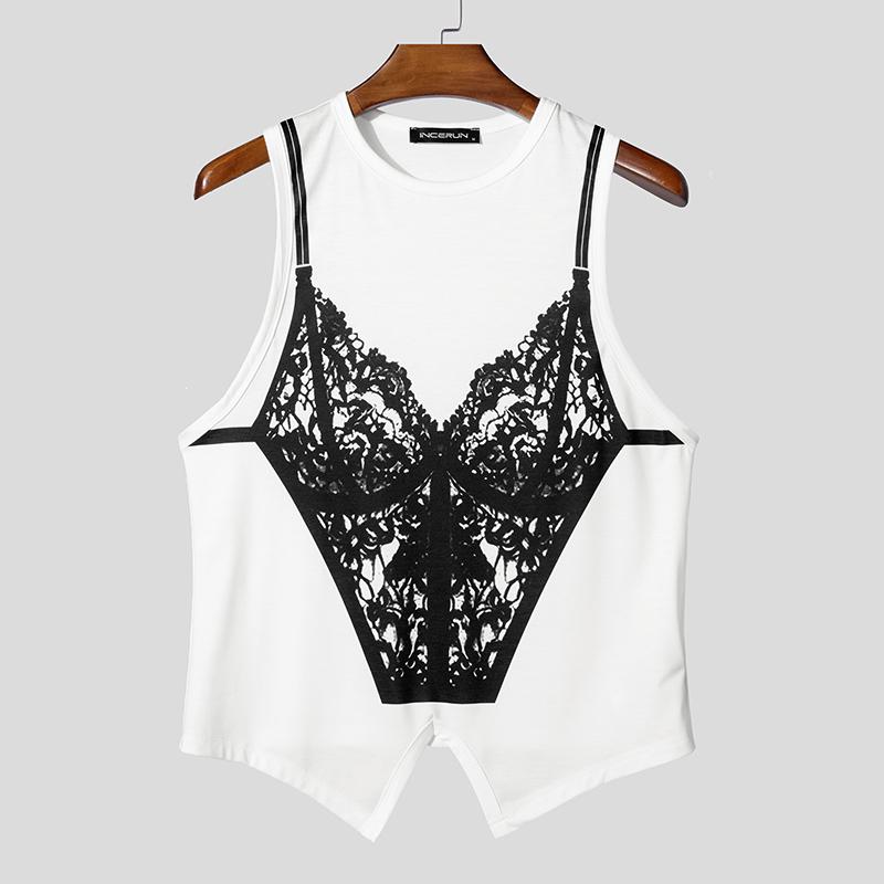 

INCERUN Summer Men O-Neck Sleeveless Fun Print Casual Splits Tank Tops S белый