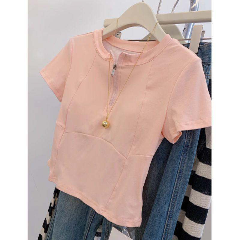

Korean Style Sporty Half-Zip Stand Collar Slim-Fit Women s Summer Short-Sleeve Tee S Premium розовый