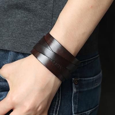 Men Bracelet Faux Leather Solid Color Smooth Punk Style Button Closure Lightweight Individual Cross Strap Men Accessory
