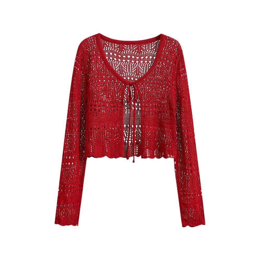 

Women s Summer Ice Silk Thin Knit Cardigan Long Sleeve Cropped Hollow Out Tie Front Sun Protection Beach Cover Up Casual Outerwear Top one size червоний