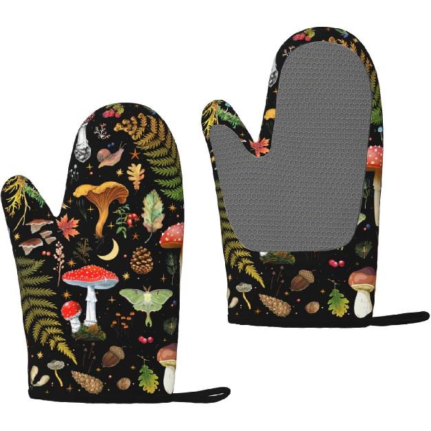 Mushroom Oven Mitts and Pot Holders 2pcs Set, Kitchen Oven Glove Heat Resistant Oven Mitts and Potholder with Non-Slip Silicone Surface for Cooking(1