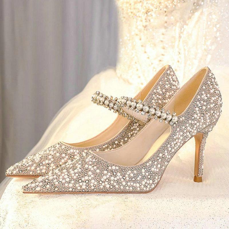 Mode Europäische und Amerikanische Perlen Hochzeitsschuhe Brautschuhe Strass High Heels Design Sinn Nische Glas Sandalen