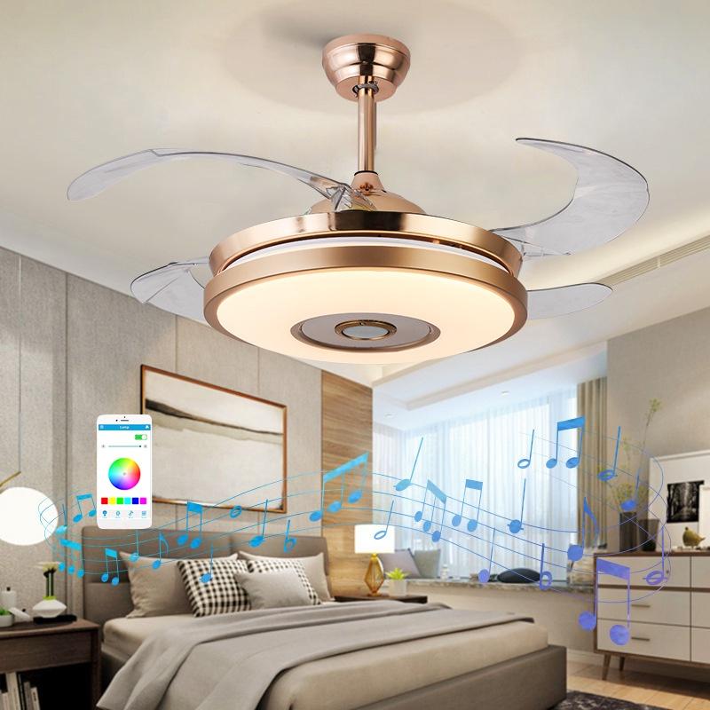 42 Pollici 6 Velocità 4 Pale Lampada Ventilatore Pieghevole Retrattile LED RGB Ventilatori da Soffitto Invisibili Dorati Luce Pendente 4 IN 1 con Telecomando APP