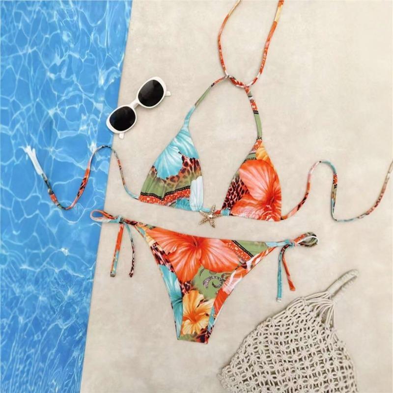 European and American New Lace-up Printed Swimsuit Bikini Senior Split Two-piece Swimsuit Suit for Women