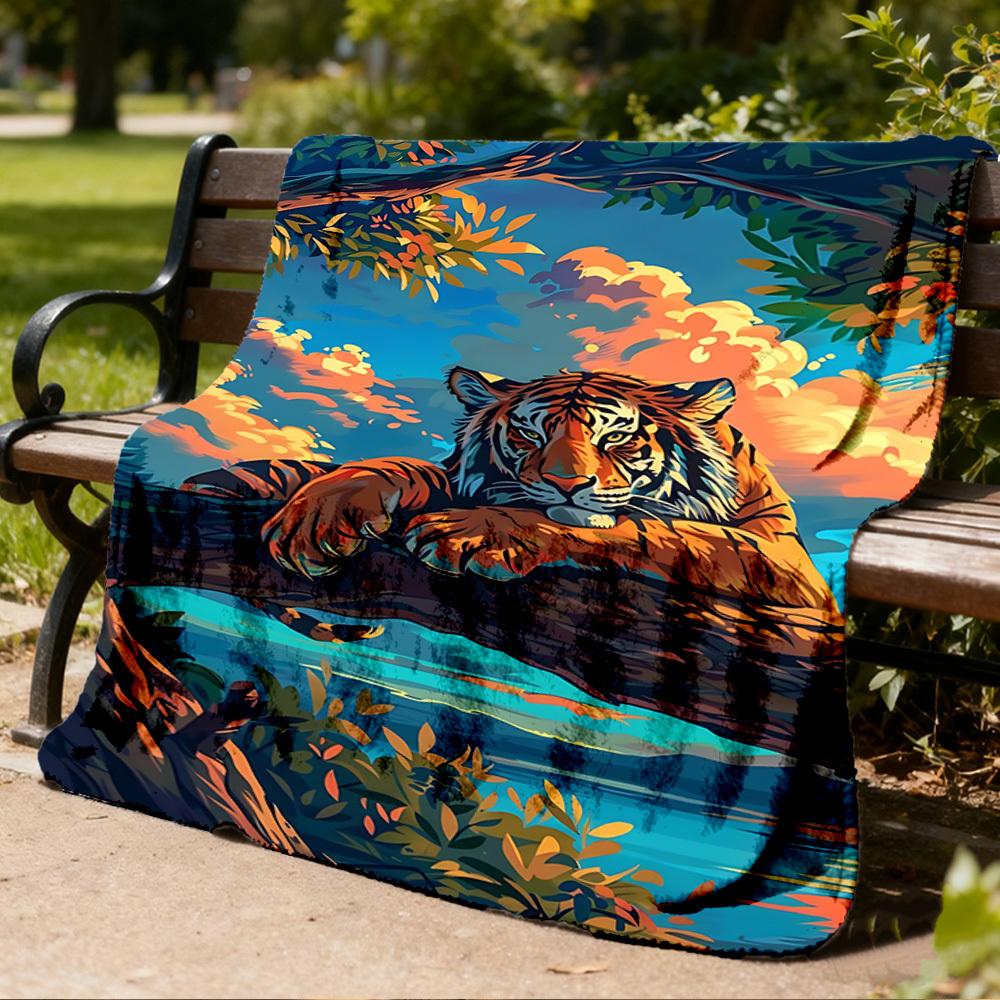 1pc Tiger Print Print Outdoor Blanket, Lightweight Polyester,
