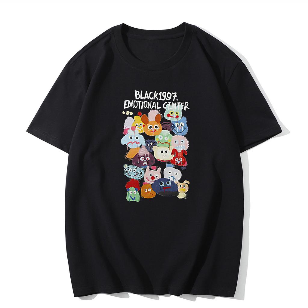 Summer Round Neck Letter Cartoon Pattern Printed Top Fashionable Casual Short Sleeved Men's and Women's Universal Pure Cotton T-shirts