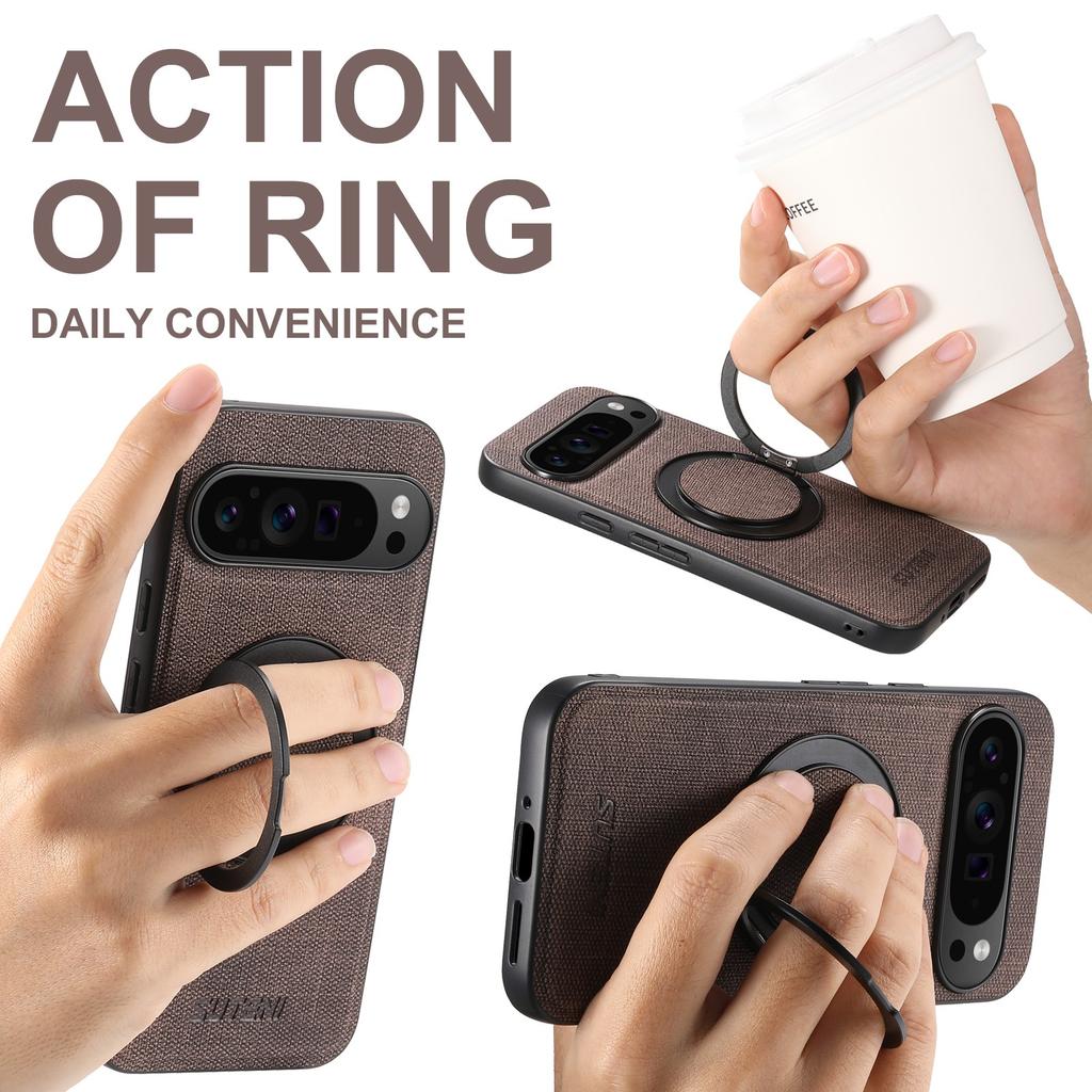 SUTENI G3 For Google Pixel 10 Pro XL Magnetic Case Rotating Ring Kickstand Jeans Texture PU TPU Phone Back Cover