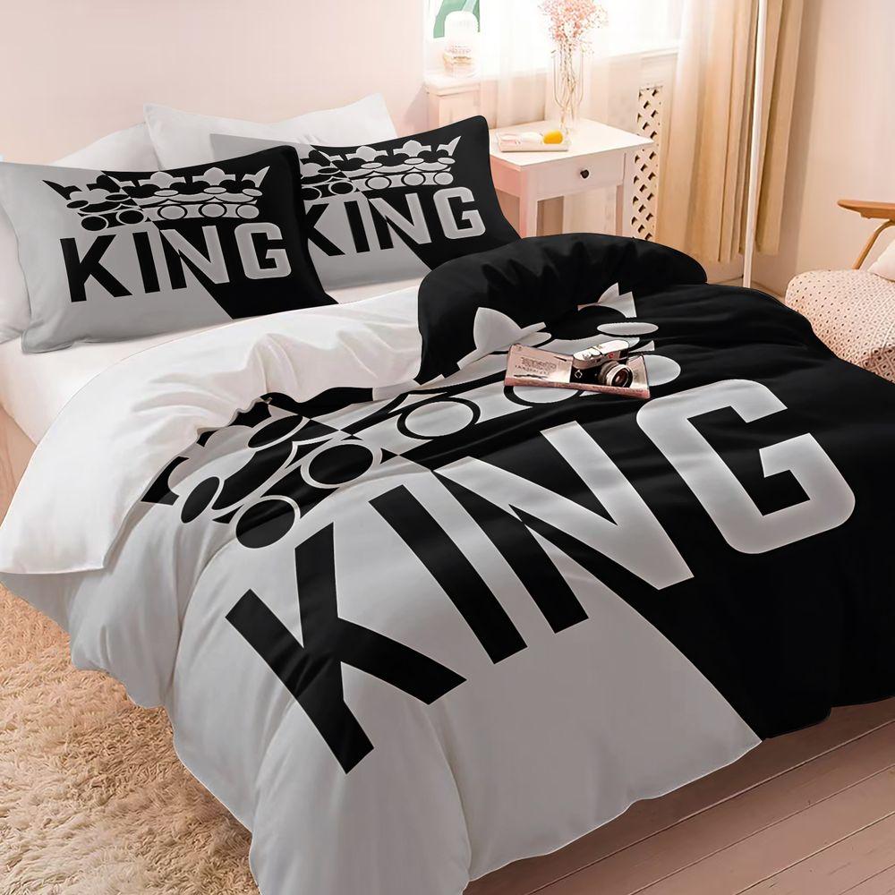 King Crown Print Duvet Cover Set(1 Duvet Cover & 1/2 Pillowcase) Minimalist Black and Gray Bedding Set for Modern Bedroom Decor
