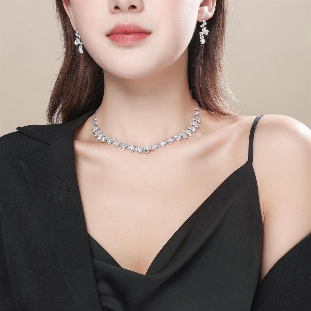 Luxury Bridal Zircon Flower Necklace & Earrings Set - Elegant Wedding Jewelry Accessories 