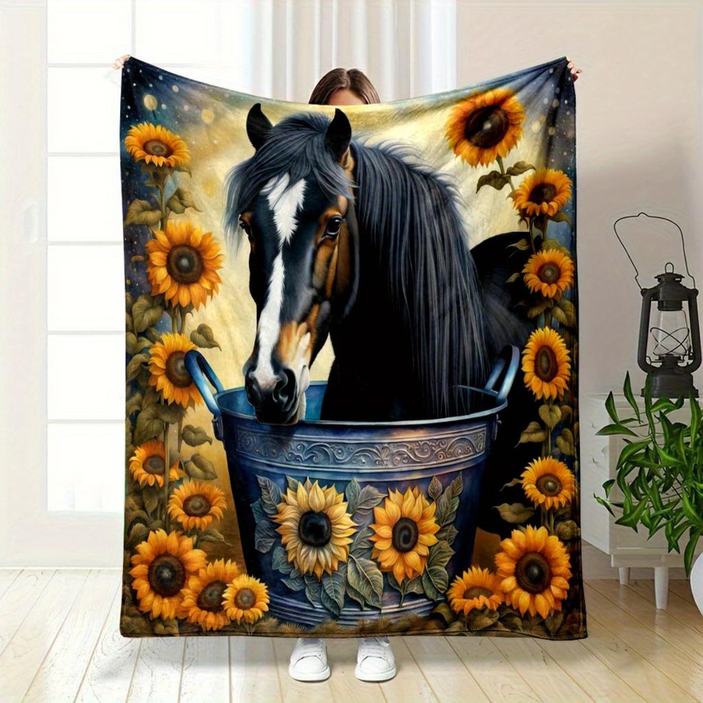 Luxury Black Horse Pattern Flannel Blanket, Suitable for Sofas, Beds, Offices, Travel, Camping, Christmas Gifts, and Presents